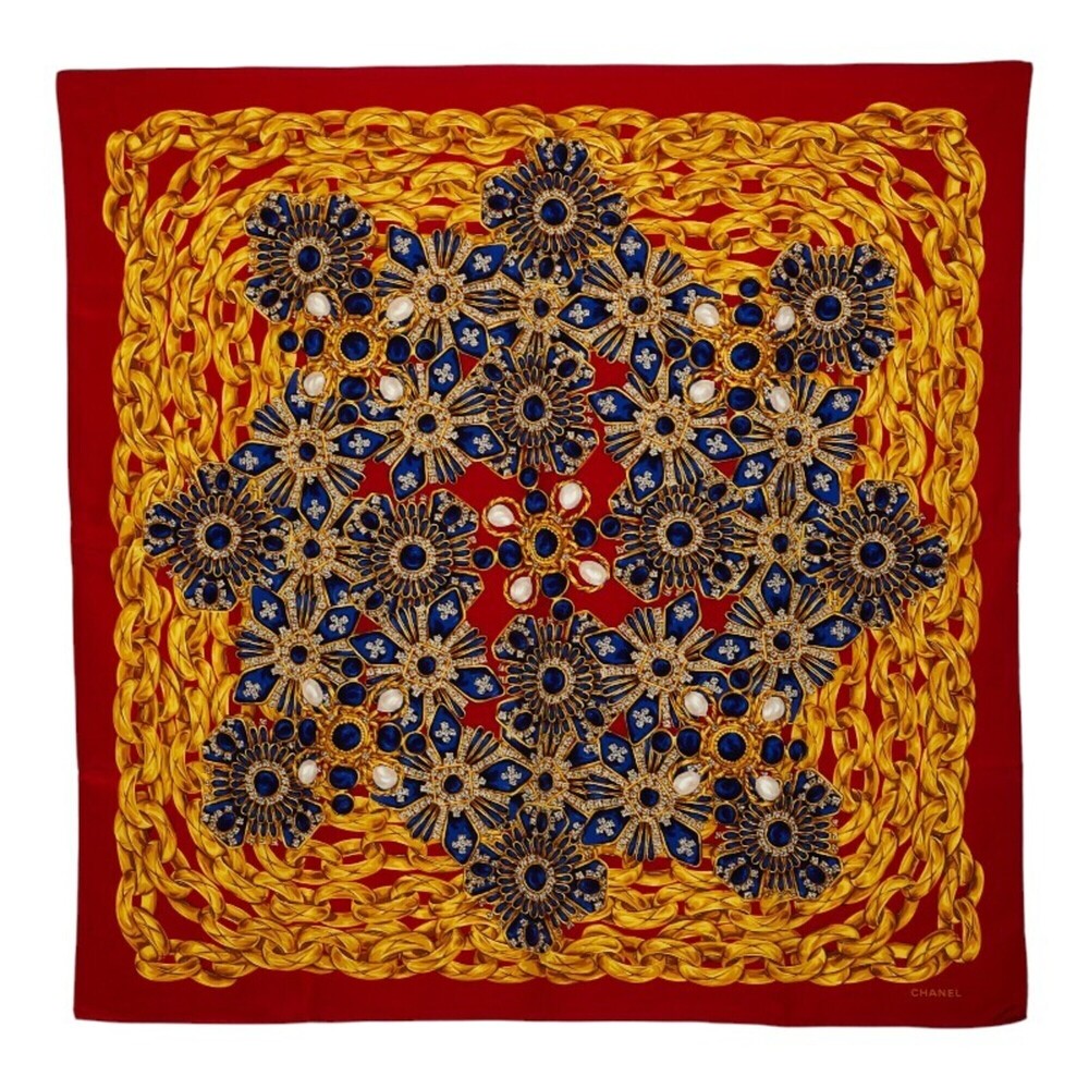 Chanel Logo Jewelry Accessory Print Scarf Muffler Red Multicolor Silk Women's...